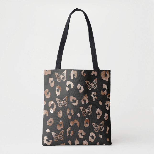 Butterfly Leopard Black Tote Bag Tygkasse (Framsida)