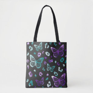 Butterfly Leopard Lila Black Tote Bag Tygkasse