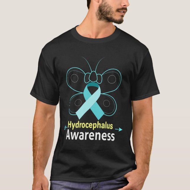 Butterfly Light Blue Ribbon Hydrocephalus Awarenes T Shirt (Framsida)