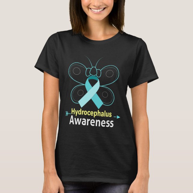 Butterfly Light Blue Ribbon Hydrocephalus Awarenes T Shirt (Framsida)