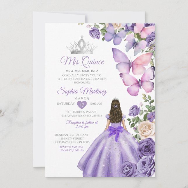 Butterfly Lila Lilac Quinceanera Birthday Krona Inbjudningar (Framsida)