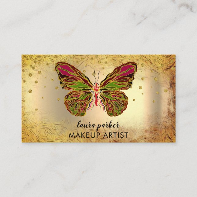 Butterfly Logotyp Guld Glitter Girly Modern Rainbo Visitkort (Framsida)