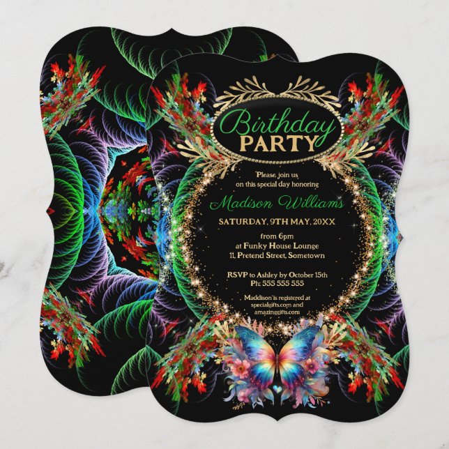 Butterfly Magic Colorful Fractal Gnistra Birthday Inbjudningar (Fram/baksida)