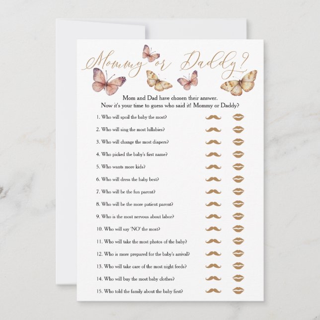 Butterfly Mamma eller Baby Shower Game Card Inbjudningar (Framsida)