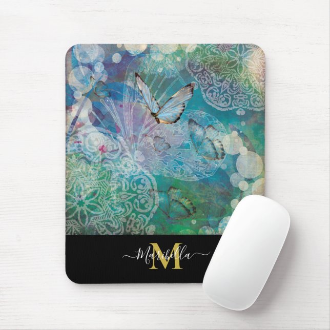 Butterfly Mandala Personalize Monogram Mouse Pad Musmatta (Med mus)