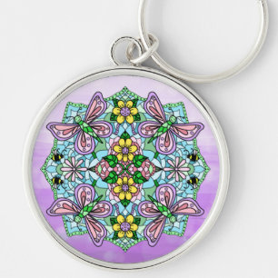 Butterfly Mandala Whimsical Hand plockade Keychain Rund Silverfärgad Nyckelring