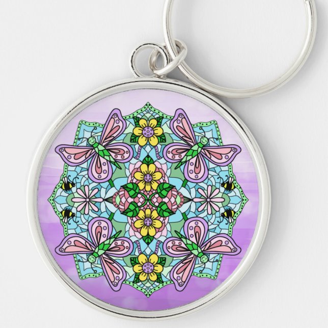 Butterfly Mandala Whimsical Hand plockade Keychain Rund Silverfärgad Nyckelring (Framsidan)