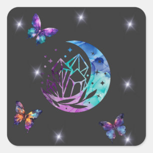 Butterfly, Måne och Crystals Fyrkantigt Klistermärke