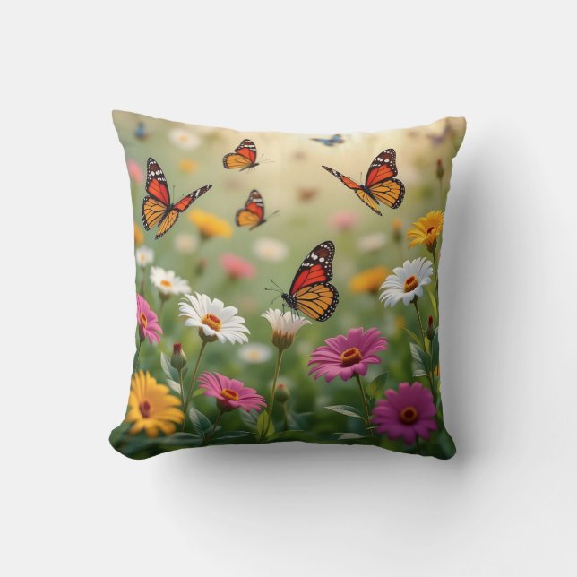 Butterfly Meadow Seamless Pattern Vibrant Flowers Kudde (Framsida)