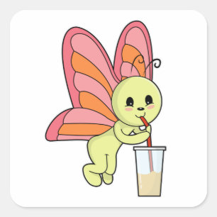 Butterfly med Drink & Drinking straw Fyrkantigt Klistermärke