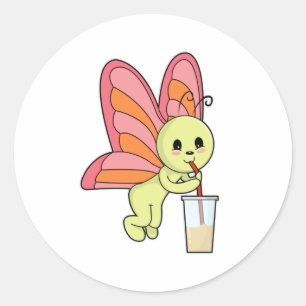 Butterfly med Drink & Drinking straw Runt Klistermärke