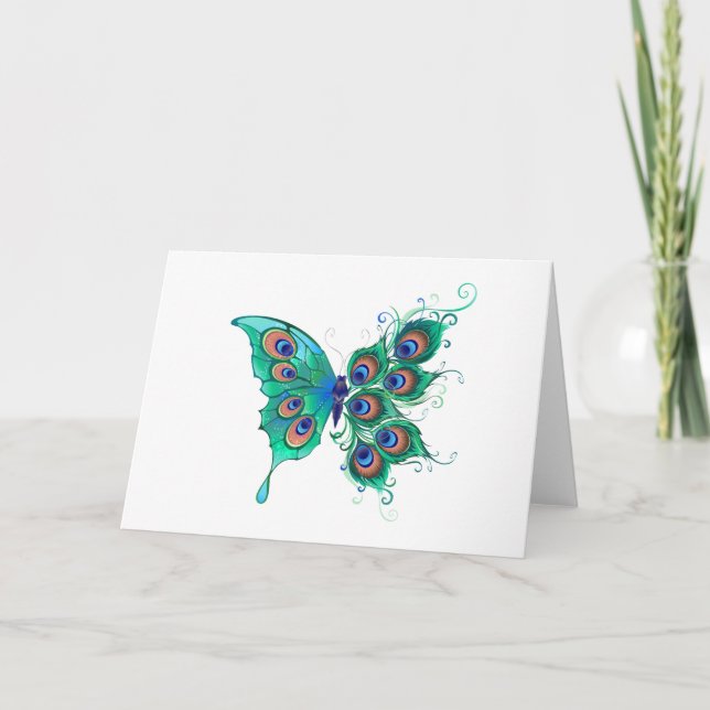 Butterfly med Grönt Peacock Feathers Anteckningskort (Framsida)