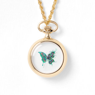 Butterfly med Grönt Peacock Feathers Armbandsur