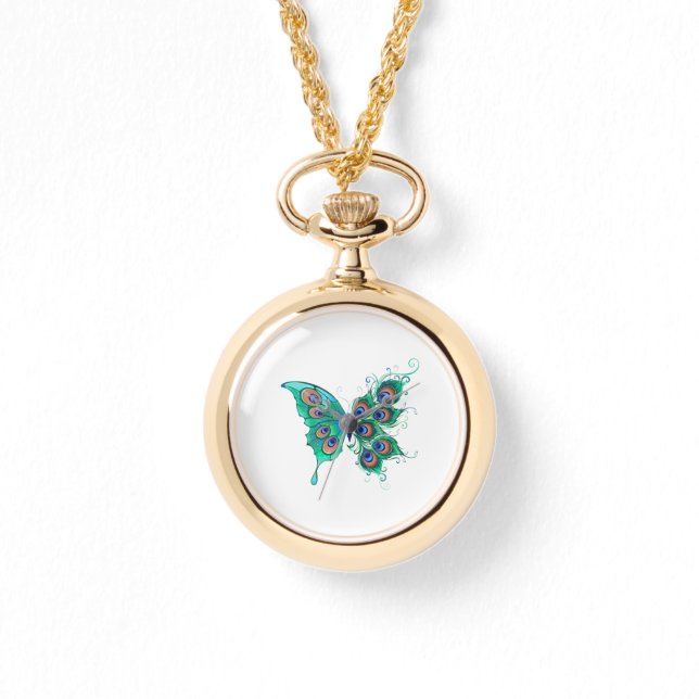 Butterfly med Grönt Peacock Feathers Armbandsur (Framsida)