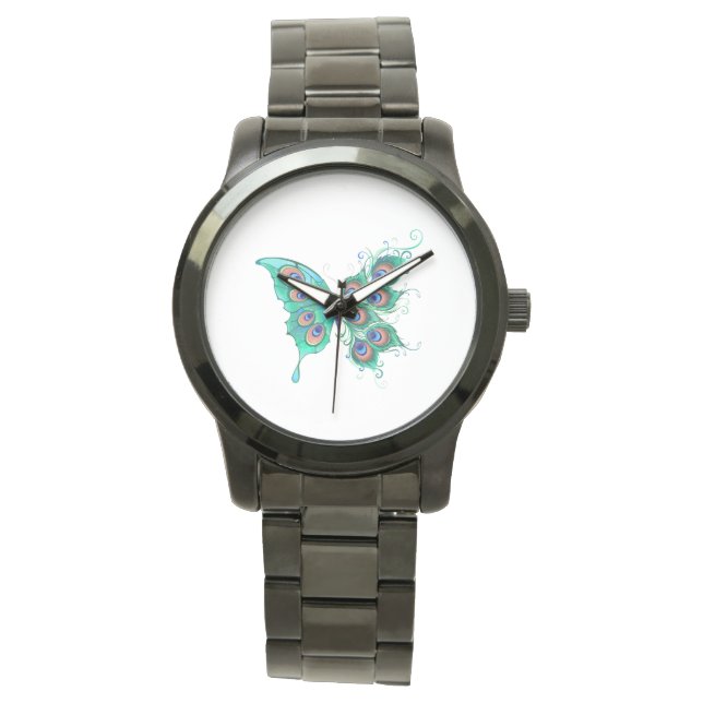 Butterfly med Grönt Peacock Feathers Armbandsur (Framsida)