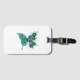 Butterfly med Grönt Peacock Feathers Bagagebricka