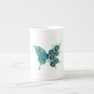 Butterfly med Grönt Peacock Feathers Benporslin Mugg