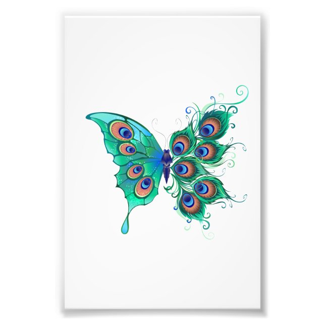 Butterfly med Grönt Peacock Feathers Fototryck (Framsidan)