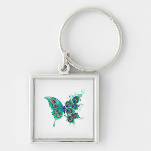 Butterfly med Grönt Peacock Feathers Fyrkantig Silverfärgad Nyckelring