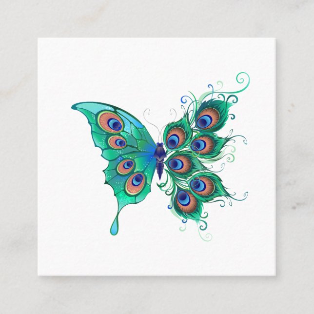 Butterfly med Grönt Peacock Feathers Fyrkantigt Visitkort (Framsida)