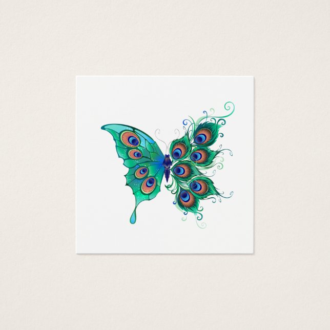 Butterfly med Grönt Peacock Feathers Fyrkantigt Visitkort (Framsida)