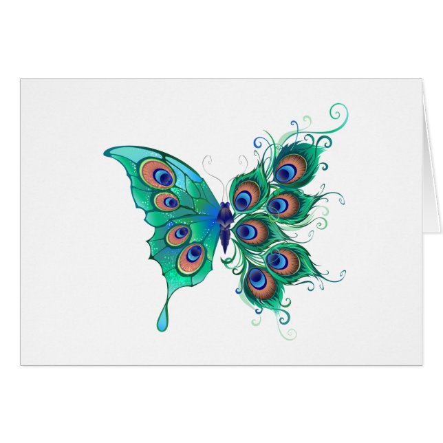 Butterfly med Grönt Peacock Feathers Hälsningskort (Framsidan Horizontal)