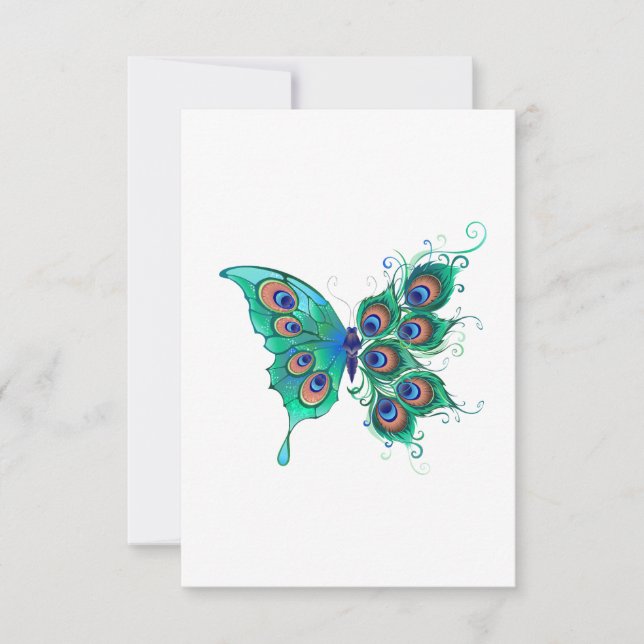 Butterfly med Grönt Peacock Feathers Inbjudningar (Framsida)