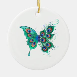 Butterfly med Grönt Peacock Feathers Julgransprydnad Keramik