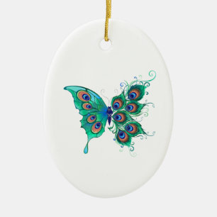 Butterfly med Grönt Peacock Feathers Julgransprydnad Keramik