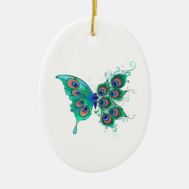 Butterfly med Grönt Peacock Feathers Julgransprydnad Keramik (Framsidan)