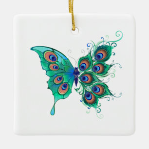 Butterfly med Grönt Peacock Feathers Julgransprydnad Keramik