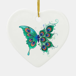 Butterfly med Grönt Peacock Feathers Julgransprydnad Keramik