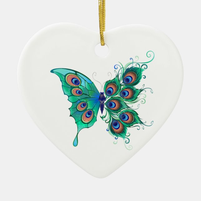 Butterfly med Grönt Peacock Feathers Julgransprydnad Keramik (Framsidan)