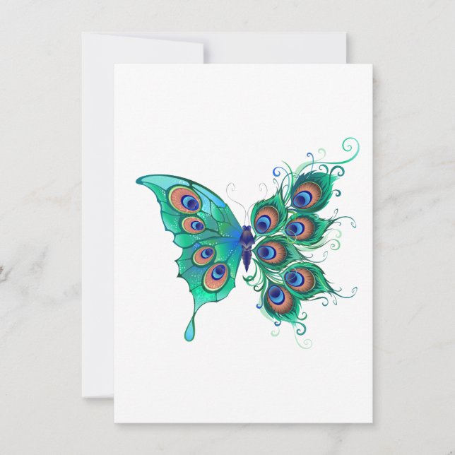 Butterfly med Grönt Peacock Feathers Julkort (Framsida)