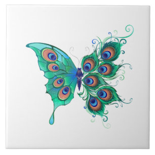 Butterfly med Grönt Peacock Feathers Kakelplatta