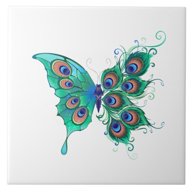 Butterfly med Grönt Peacock Feathers Kakelplatta (Framsidan)