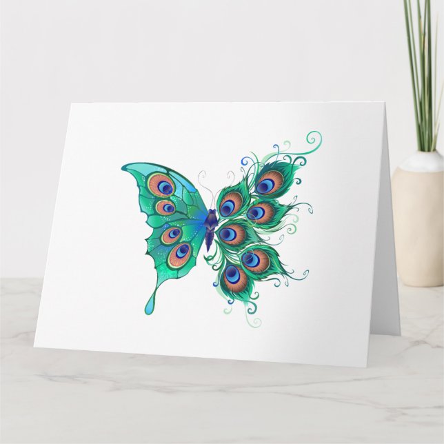 Butterfly med Grönt Peacock Feathers Kort (Framsida)