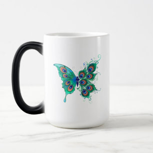 Butterfly med Grönt Peacock Feathers Magisk Mugg