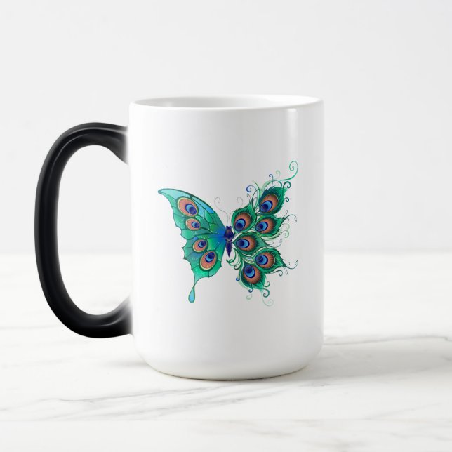 Butterfly med Grönt Peacock Feathers Magisk Mugg (Vänster)