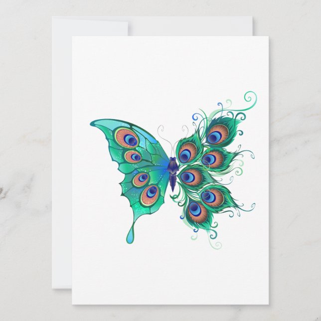 Butterfly med Grönt Peacock Feathers Meddelande (Framsida)