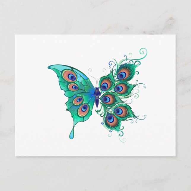 Butterfly med Grönt Peacock Feathers Meddelande Vykort (Framsida)