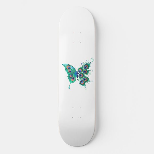 Butterfly med Grönt Peacock Feathers Mini Skateboard Bräda 18,5 Cm (Framsida)