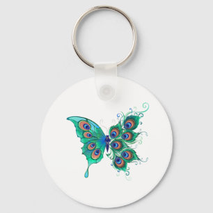 Butterfly med Grönt Peacock Feathers Nyckelring