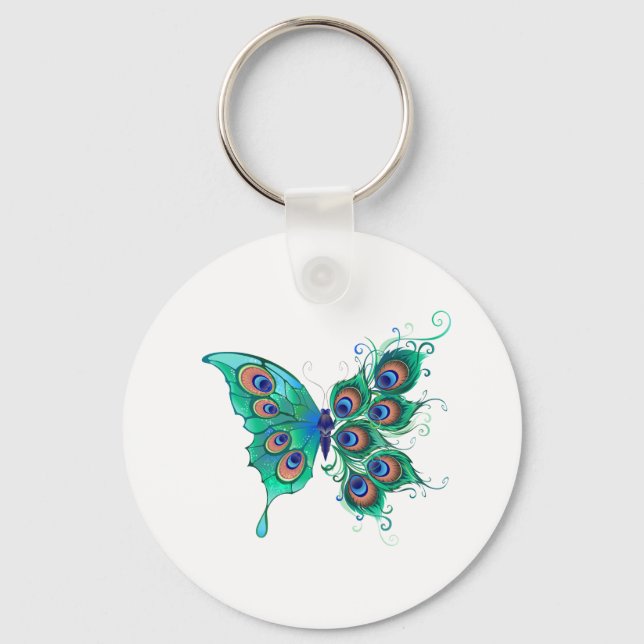 Butterfly med Grönt Peacock Feathers Nyckelring (Framsida)