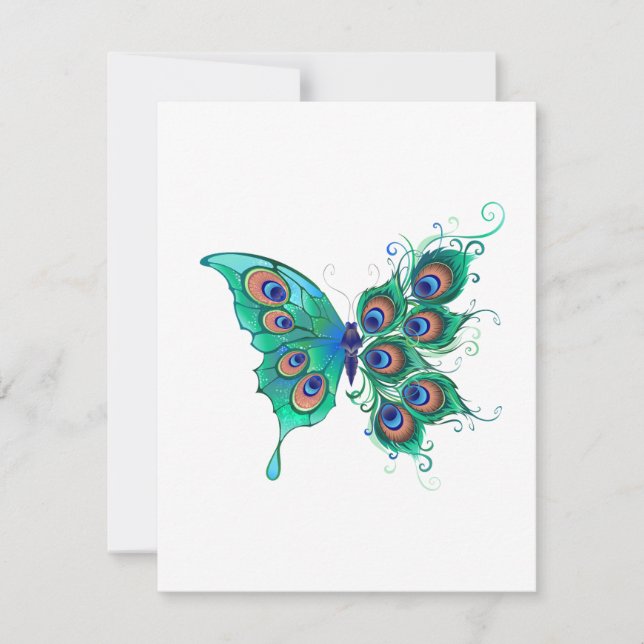 Butterfly med Grönt Peacock Feathers OSA Kort (Framsida)