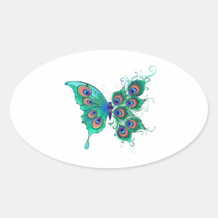 Butterfly med Grönt Peacock Feathers Ovalt Klistermärke