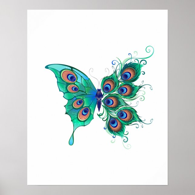 Butterfly med Grönt Peacock Feathers Poster (Framsidan)