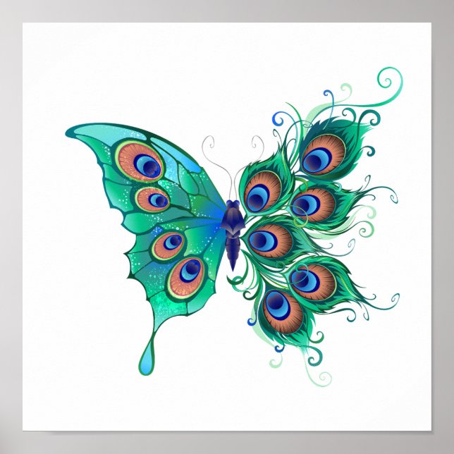 Butterfly med Grönt Peacock Feathers Poster (Framsidan)