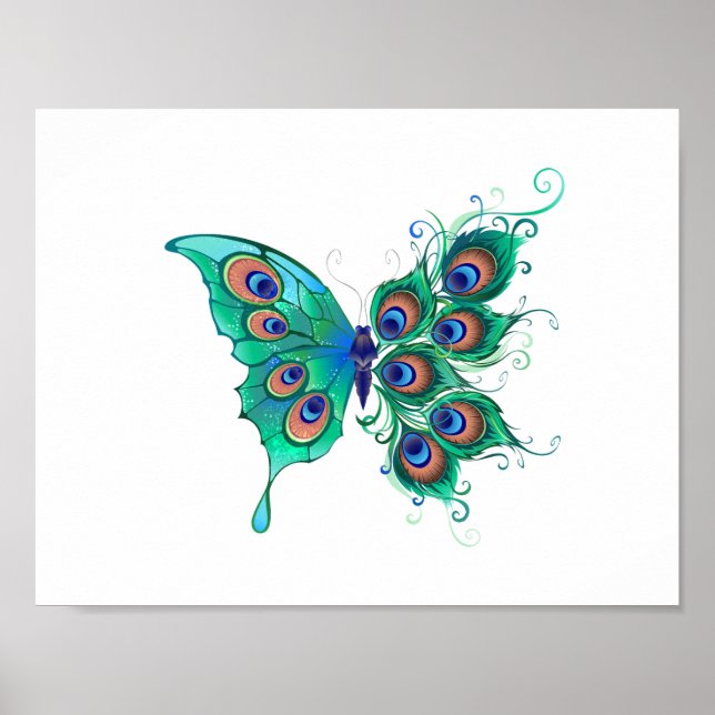 Butterfly med Grönt Peacock Feathers Poster (Framsidan)