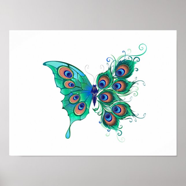Butterfly med Grönt Peacock Feathers Poster (Framsidan)